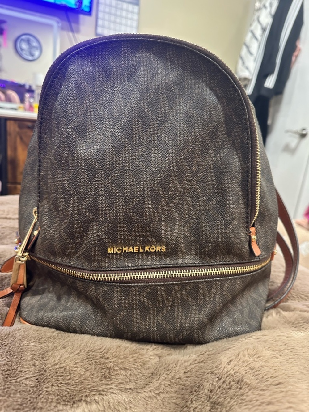 Michael Kors Dark Brown Monogram Mini Backpack with Gold Hardware